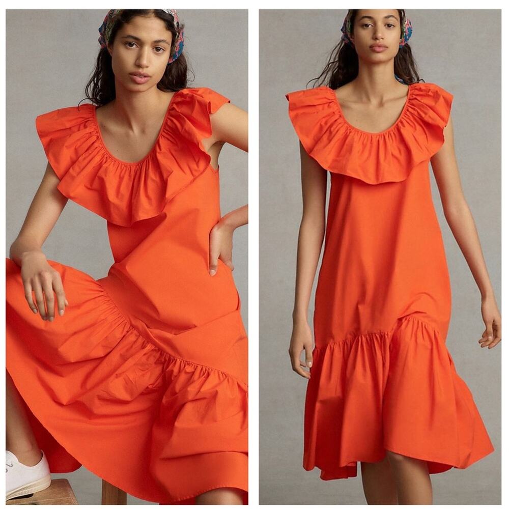 Anthropologie WHIT TWO Flouncy Oversized Maxi Dress XS Ruffled Orange Boho Chic
